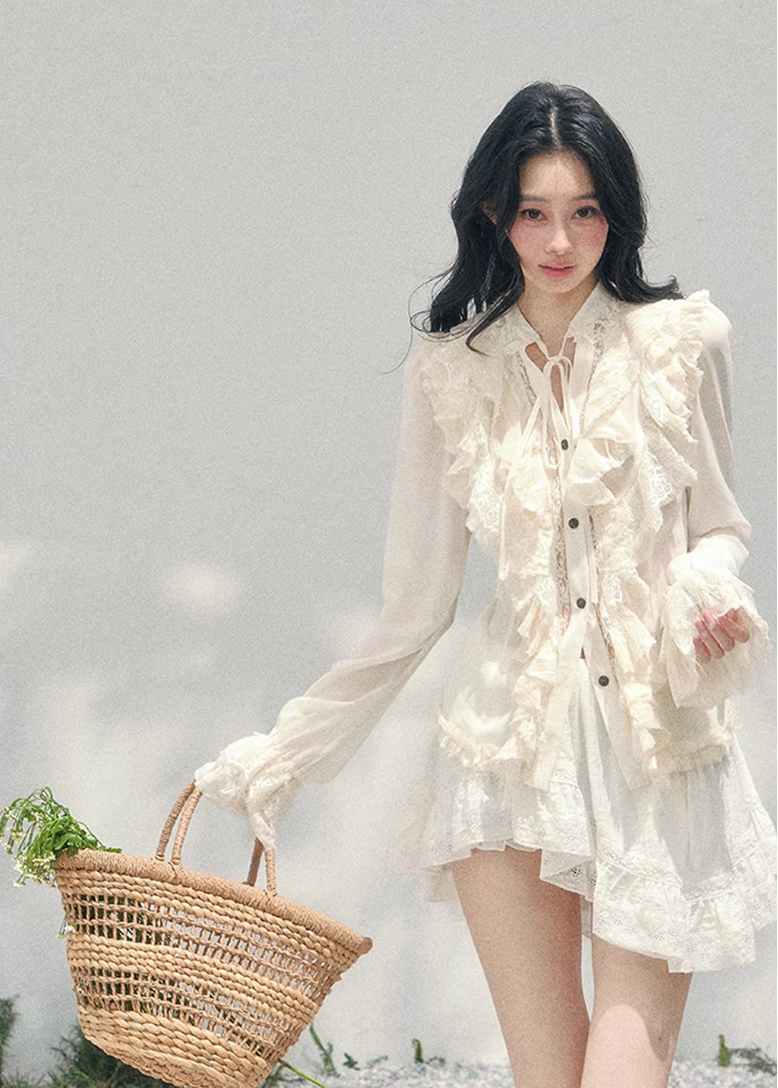 AOMALM ruffled lace blouse women, French court style spring top, feminine romantic lace shirt, Korean elegant sheer blouse women, quiet luxury romantic outfit, Parisian inspired ruffle lace top, delicate feminine spring blouse, romantic Korean French aesthetic clothing, lightweight chiffon lace shirt women, refined luxury womenswear blouse, elegant court style fashion top, soft luxury womenswear lace blouse, vintage romantic spring shirt, luxury Korean designer inspired clothing