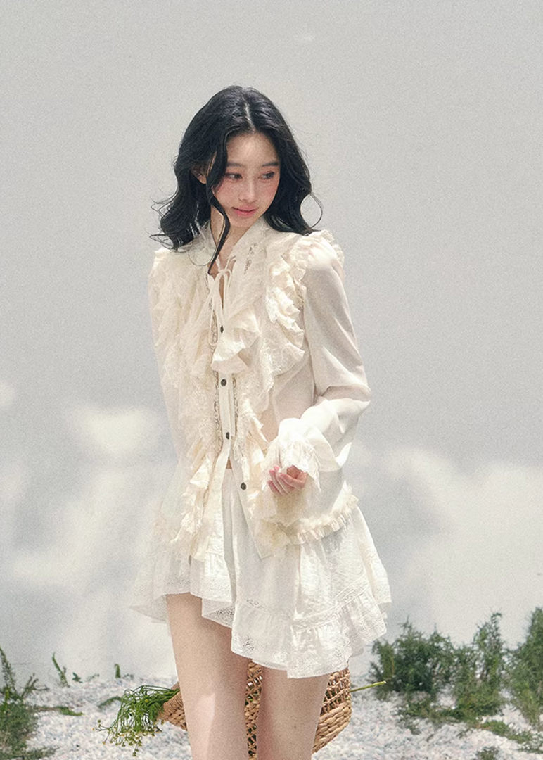 AOMALM ruffled lace blouse women, French court style spring top, feminine romantic lace shirt, Korean elegant sheer blouse women, quiet luxury romantic outfit, Parisian inspired ruffle lace top, delicate feminine spring blouse, romantic Korean French aesthetic clothing, lightweight chiffon lace shirt women, refined luxury womenswear blouse, elegant court style fashion top, soft luxury womenswear lace blouse, vintage romantic spring shirt, luxury Korean designer inspired clothing