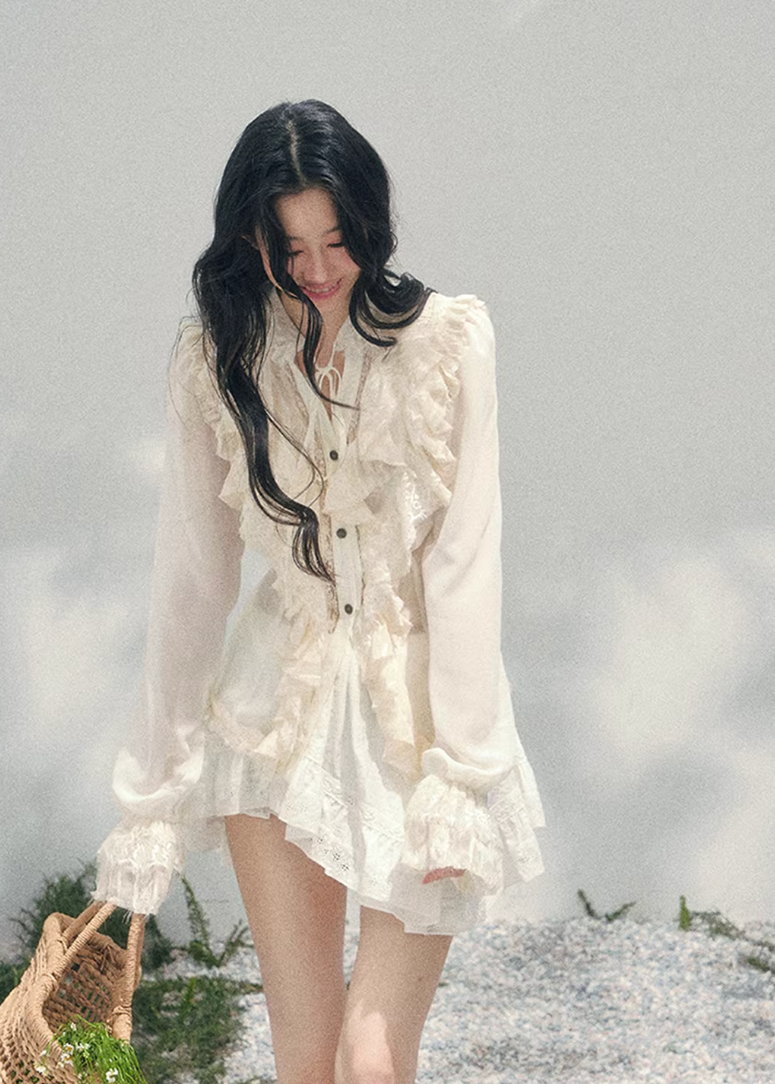 AOMALM ruffled lace blouse women, French court style spring top, feminine romantic lace shirt, Korean elegant sheer blouse women, quiet luxury romantic outfit, Parisian inspired ruffle lace top, delicate feminine spring blouse, romantic Korean French aesthetic clothing, lightweight chiffon lace shirt women, refined luxury womenswear blouse, elegant court style fashion top, soft luxury womenswear lace blouse, vintage romantic spring shirt, luxury Korean designer inspired clothing