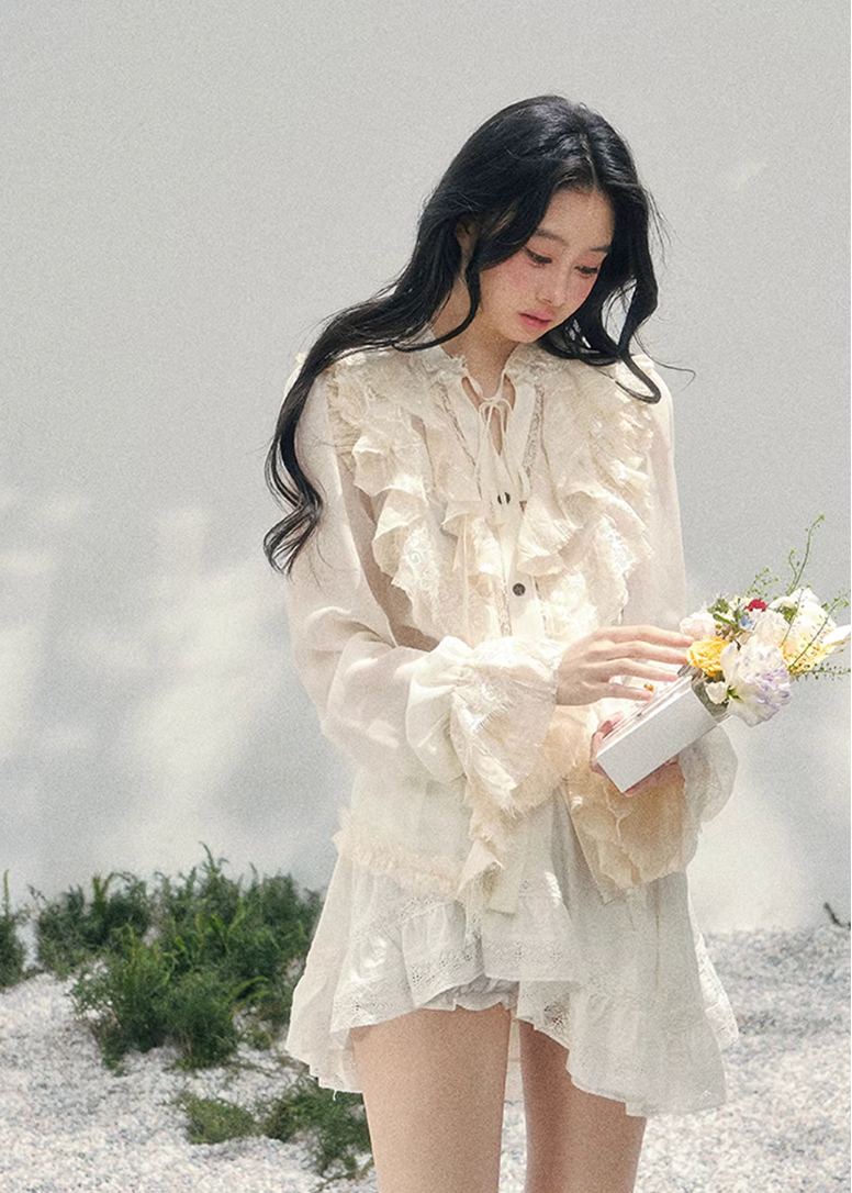 AOMALM ruffled lace blouse women, French court style spring top, feminine romantic lace shirt, Korean elegant sheer blouse women, quiet luxury romantic outfit, Parisian inspired ruffle lace top, delicate feminine spring blouse, romantic Korean French aesthetic clothing, lightweight chiffon lace shirt women, refined luxury womenswear blouse, elegant court style fashion top, soft luxury womenswear lace blouse, vintage romantic spring shirt, luxury Korean designer inspired clothing