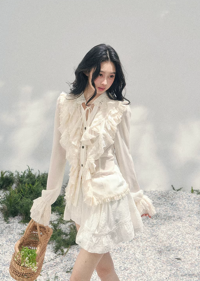 AOMALM ruffled lace blouse women, French court style spring top, feminine romantic lace shirt, Korean elegant sheer blouse women, quiet luxury romantic outfit, Parisian inspired ruffle lace top, delicate feminine spring blouse, romantic Korean French aesthetic clothing, lightweight chiffon lace shirt women, refined luxury womenswear blouse, elegant court style fashion top, soft luxury womenswear lace blouse, vintage romantic spring shirt, luxury Korean designer inspired clothing