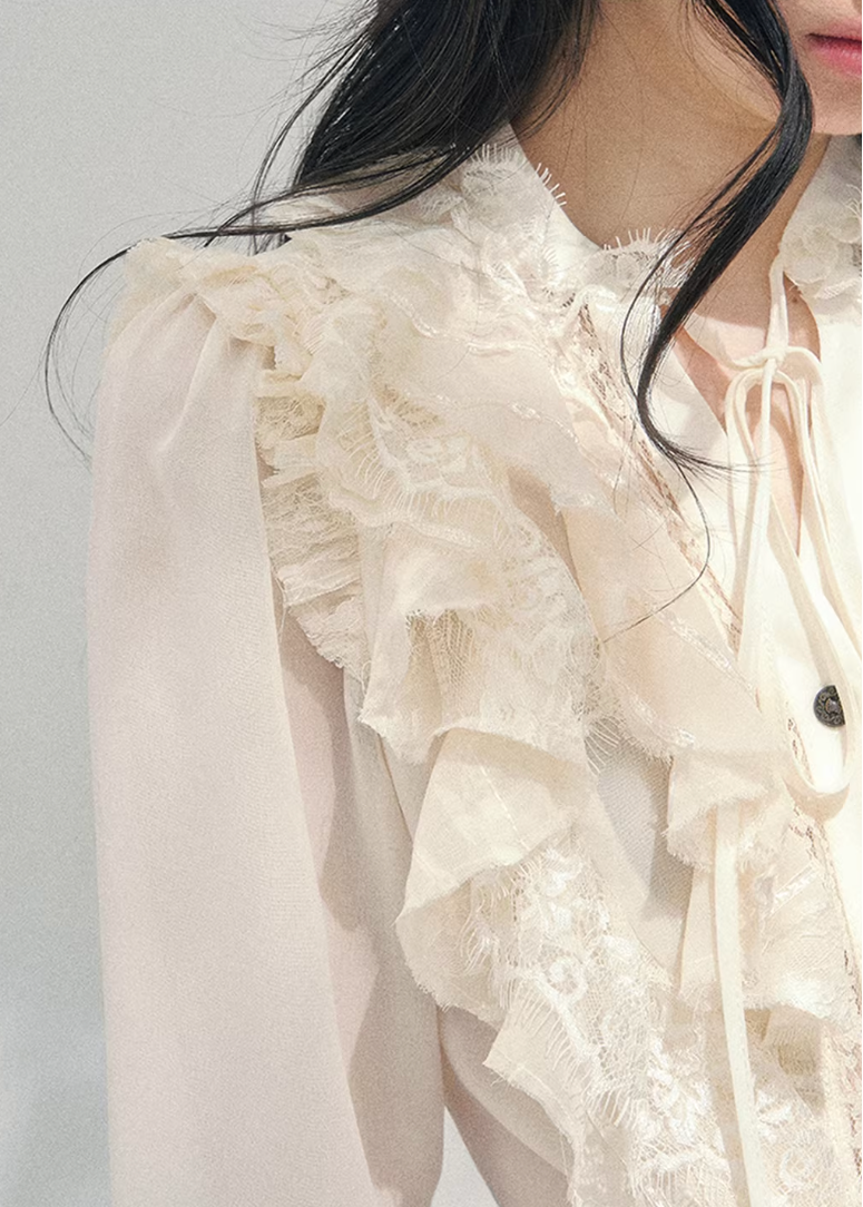 AOMALM ruffled lace blouse women, French court style spring top, feminine romantic lace shirt, Korean elegant sheer blouse women, quiet luxury romantic outfit, Parisian inspired ruffle lace top, delicate feminine spring blouse, romantic Korean French aesthetic clothing, lightweight chiffon lace shirt women, refined luxury womenswear blouse, elegant court style fashion top, soft luxury womenswear lace blouse, vintage romantic spring shirt, luxury Korean designer inspired clothing