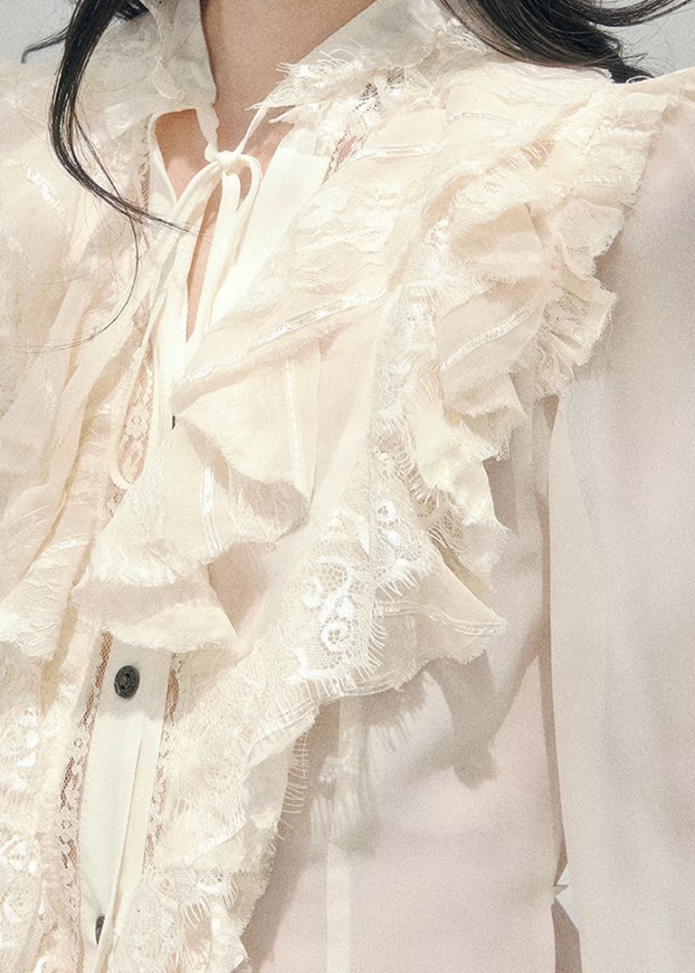 AOMALM ruffled lace blouse women, French court style spring top, feminine romantic lace shirt, Korean elegant sheer blouse women, quiet luxury romantic outfit, Parisian inspired ruffle lace top, delicate feminine spring blouse, romantic Korean French aesthetic clothing, lightweight chiffon lace shirt women, refined luxury womenswear blouse, elegant court style fashion top, soft luxury womenswear lace blouse, vintage romantic spring shirt, luxury Korean designer inspired clothing
