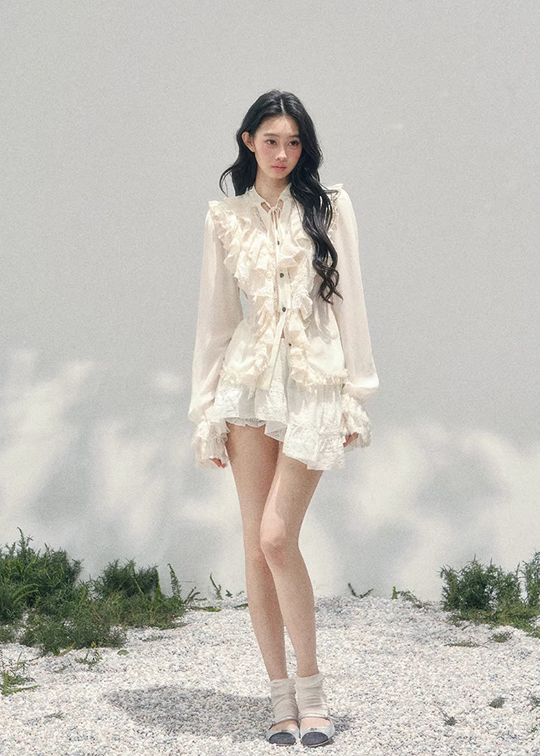 AOMALM ruffled lace blouse women, French court style spring top, feminine romantic lace shirt, Korean elegant sheer blouse women, quiet luxury romantic outfit, Parisian inspired ruffle lace top, delicate feminine spring blouse, romantic Korean French aesthetic clothing, lightweight chiffon lace shirt women, refined luxury womenswear blouse, elegant court style fashion top, soft luxury womenswear lace blouse, vintage romantic spring shirt, luxury Korean designer inspired clothing