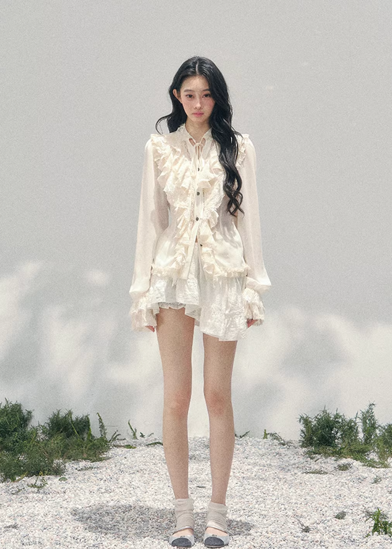 AOMALM ruffled lace blouse women, French court style spring top, feminine romantic lace shirt, Korean elegant sheer blouse women, quiet luxury romantic outfit, Parisian inspired ruffle lace top, delicate feminine spring blouse, romantic Korean French aesthetic clothing, lightweight chiffon lace shirt women, refined luxury womenswear blouse, elegant court style fashion top, soft luxury womenswear lace blouse, vintage romantic spring shirt, luxury Korean designer inspired clothing