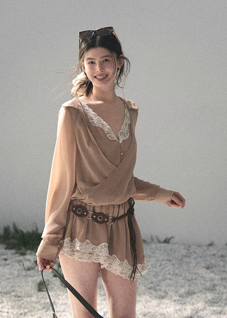 AOMALM lace mini dress women, French romantic layered dress, feminine faux twin dress spring, Korean elegant lace outfit women, quiet luxury romantic mini dress, Parisian inspired lace spring dress, delicate layered lace mini, romantic Korean French aesthetic clothing, lightweight spring lace dress women, refined luxury womenswear dress, elegant evening breeze dress, soft feminine mini dress style, luxury Korean designer inspired lace dress