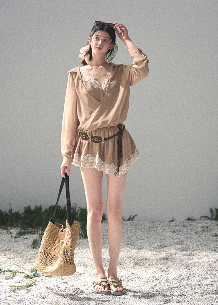 AOMALM lace mini dress women, French romantic layered dress, feminine faux twin dress spring, Korean elegant lace outfit women, quiet luxury romantic mini dress, Parisian inspired lace spring dress, delicate layered lace mini, romantic Korean French aesthetic clothing, lightweight spring lace dress women, refined luxury womenswear dress, elegant evening breeze dress, soft feminine mini dress style, luxury Korean designer inspired lace dress