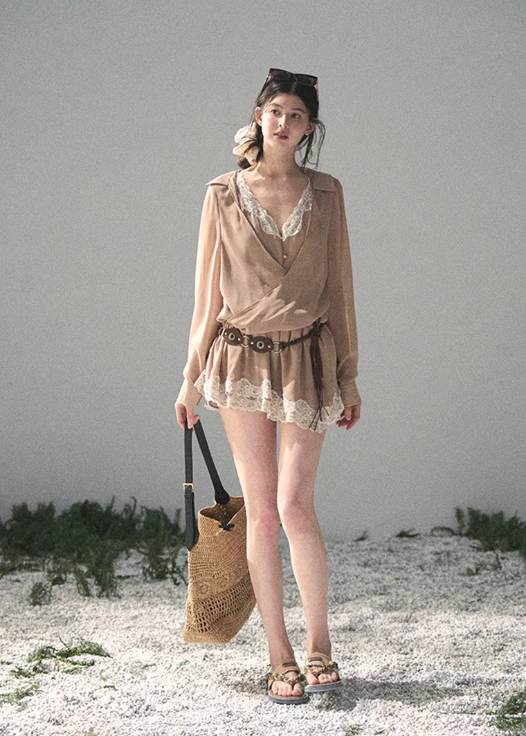AOMALM lace mini dress women, French romantic layered dress, feminine faux twin dress spring, Korean elegant lace outfit women, quiet luxury romantic mini dress, Parisian inspired lace spring dress, delicate layered lace mini, romantic Korean French aesthetic clothing, lightweight spring lace dress women, refined luxury womenswear dress, elegant evening breeze dress, soft feminine mini dress style, luxury Korean designer inspired lace dress