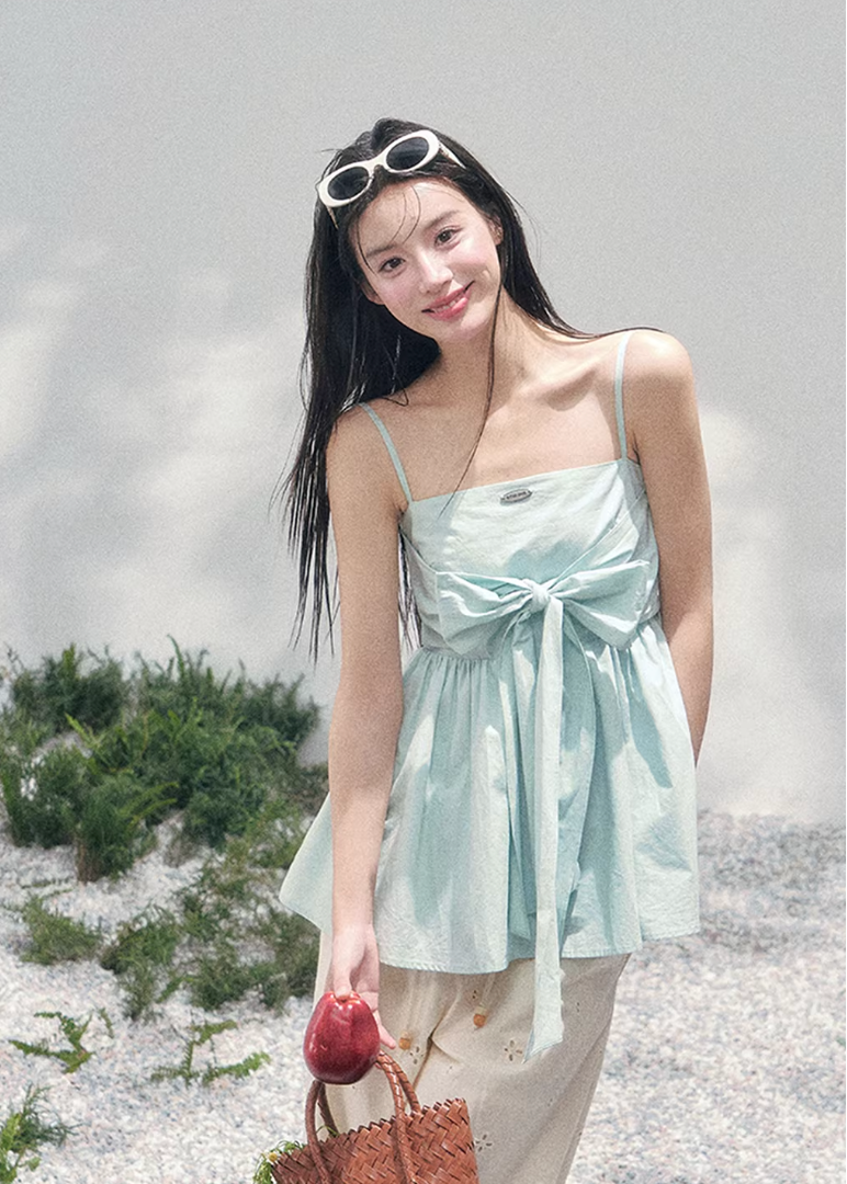 AOMALM bow camisole top women, French romantic doll blouse, feminine one shoulder spring top, Korean elegant pastel camisole, quiet luxury romantic outfit, Parisian inspired bow suspender top, delicate doll silhouette blouse, romantic Korean French aesthetic clothing, lightweight spring camisole women, refined luxury womenswear top, soft feminine bow detail blouse, elegant pastel spring fashion, luxury Korean designer inspired top