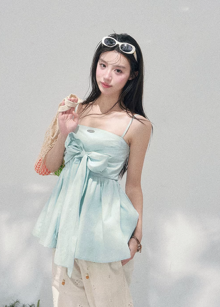 AOMALM bow camisole top women, French romantic doll blouse, feminine one shoulder spring top, Korean elegant pastel camisole, quiet luxury romantic outfit, Parisian inspired bow suspender top, delicate doll silhouette blouse, romantic Korean French aesthetic clothing, lightweight spring camisole women, refined luxury womenswear top, soft feminine bow detail blouse, elegant pastel spring fashion, luxury Korean designer inspired top