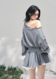 AOMALM slanted shoulder dress women, French romantic sweatshirt mini dress, feminine lace trim knit dress, Korean elegant casual spring dress, quiet luxury romantic outfit, Parisian inspired asymmetric knit dress, delicate lace hem mini dress, romantic Korean French aesthetic clothing, lightweight spring sweatshirt dress women, refined feminine casual dress, soft luxury womenswear knit dress, elegant sporty romantic outfit, luxury Korean designer inspired dress