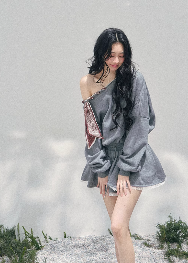 AOMALM slanted shoulder dress women, French romantic sweatshirt mini dress, feminine lace trim knit dress, Korean elegant casual spring dress, quiet luxury romantic outfit, Parisian inspired asymmetric knit dress, delicate lace hem mini dress, romantic Korean French aesthetic clothing, lightweight spring sweatshirt dress women, refined feminine casual dress, soft luxury womenswear knit dress, elegant sporty romantic outfit, luxury Korean designer inspired dress