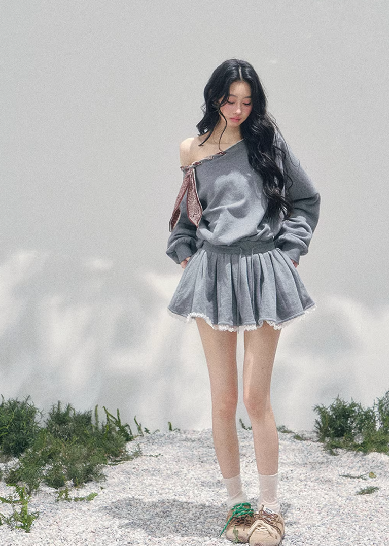 AOMALM slanted shoulder dress women, French romantic sweatshirt mini dress, feminine lace trim knit dress, Korean elegant casual spring dress, quiet luxury romantic outfit, Parisian inspired asymmetric knit dress, delicate lace hem mini dress, romantic Korean French aesthetic clothing, lightweight spring sweatshirt dress women, refined feminine casual dress, soft luxury womenswear knit dress, elegant sporty romantic outfit, luxury Korean designer inspired dress