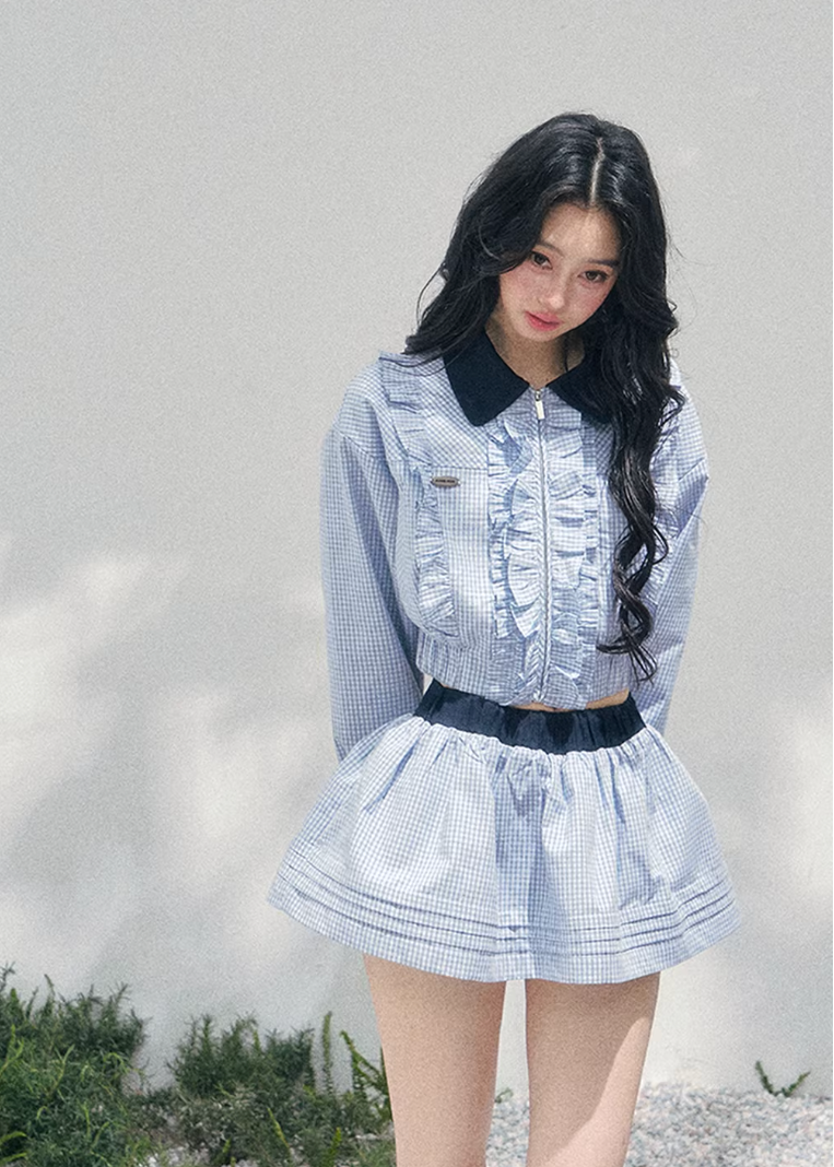 AOMALM collegiate two piece set, French romantic preppy outfit women, feminine ruffle shirt skirt set, Korean elegant spring twinset, quiet luxury romantic outfit, Parisian inspired collegiate fashion, delicate ruffle cropped shirt women, romantic Korean French aesthetic clothing, lightweight spring mini skirt set, refined feminine preppy outfit, soft luxury womenswear twinset, elegant British style two piece, luxury Korean designer inspired outfit