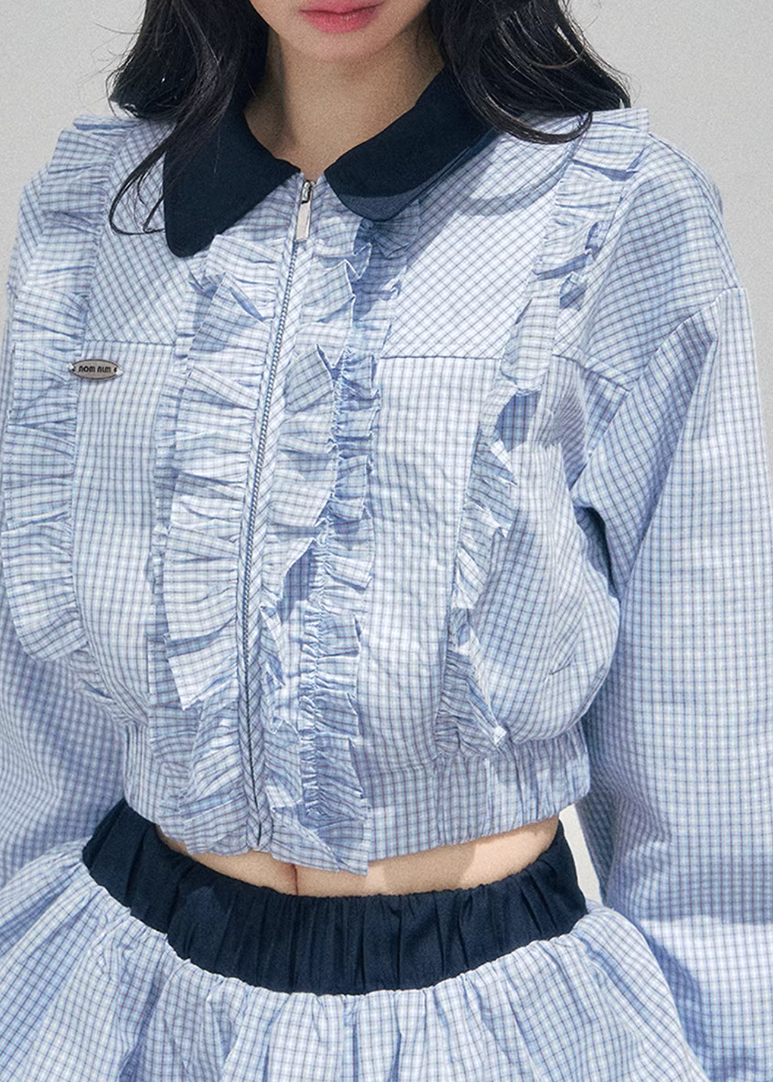 AOMALM collegiate two piece set, French romantic preppy outfit women, feminine ruffle shirt skirt set, Korean elegant spring twinset, quiet luxury romantic outfit, Parisian inspired collegiate fashion, delicate ruffle cropped shirt women, romantic Korean French aesthetic clothing, lightweight spring mini skirt set, refined feminine preppy outfit, soft luxury womenswear twinset, elegant British style two piece, luxury Korean designer inspired outfit