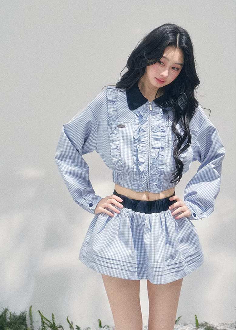AOMALM collegiate two piece set, French romantic preppy outfit women, feminine ruffle shirt skirt set, Korean elegant spring twinset, quiet luxury romantic outfit, Parisian inspired collegiate fashion, delicate ruffle cropped shirt women, romantic Korean French aesthetic clothing, lightweight spring mini skirt set, refined feminine preppy outfit, soft luxury womenswear twinset, elegant British style two piece, luxury Korean designer inspired outfit