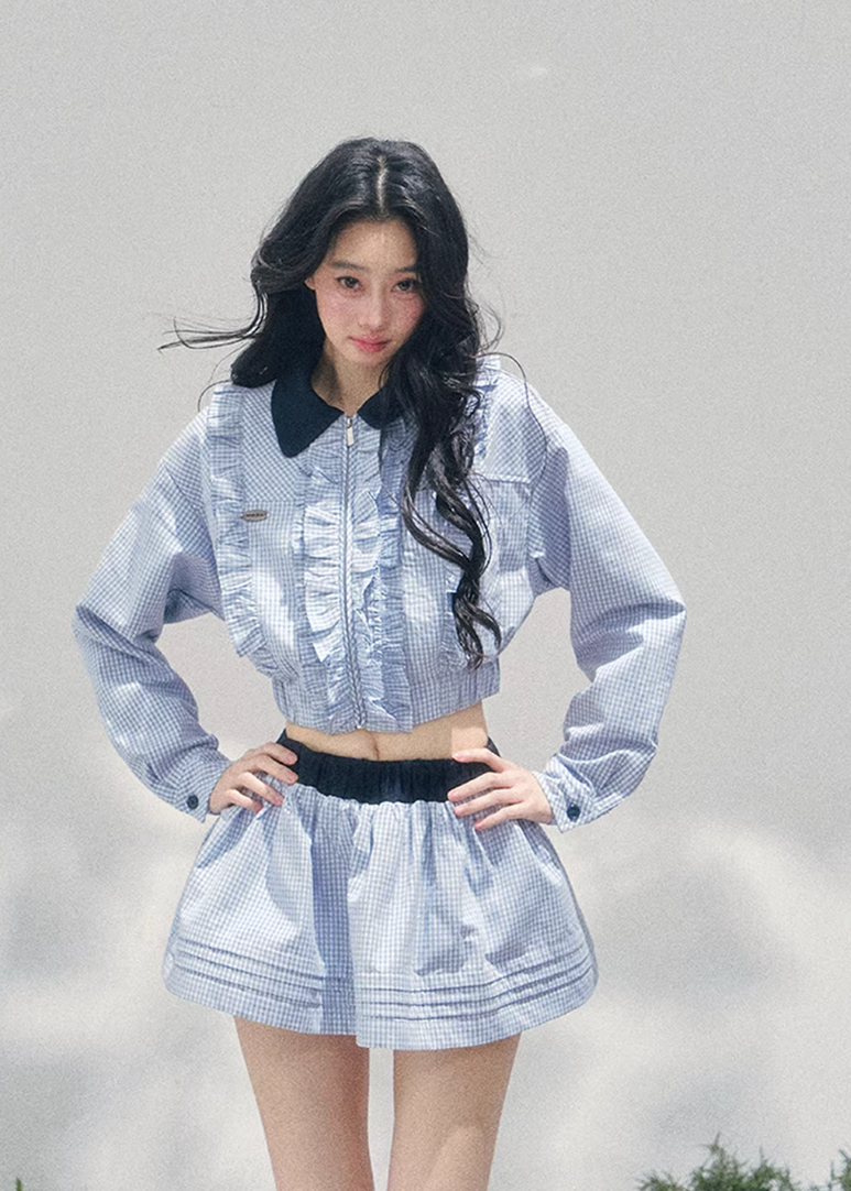 AOMALM collegiate two piece set, French romantic preppy outfit women, feminine ruffle shirt skirt set, Korean elegant spring twinset, quiet luxury romantic outfit, Parisian inspired collegiate fashion, delicate ruffle cropped shirt women, romantic Korean French aesthetic clothing, lightweight spring mini skirt set, refined feminine preppy outfit, soft luxury womenswear twinset, elegant British style two piece, luxury Korean designer inspired outfit