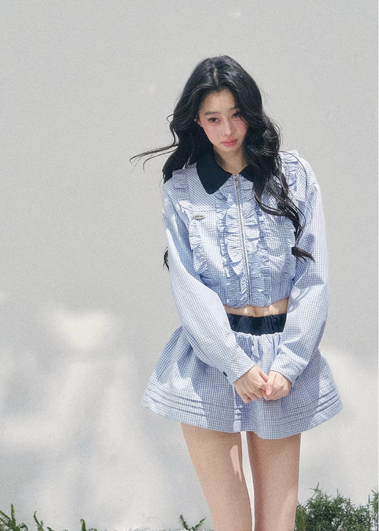 AOMALM collegiate two piece set, French romantic preppy outfit women, feminine ruffle shirt skirt set, Korean elegant spring twinset, quiet luxury romantic outfit, Parisian inspired collegiate fashion, delicate ruffle cropped shirt women, romantic Korean French aesthetic clothing, lightweight spring mini skirt set, refined feminine preppy outfit, soft luxury womenswear twinset, elegant British style two piece, luxury Korean designer inspired outfit