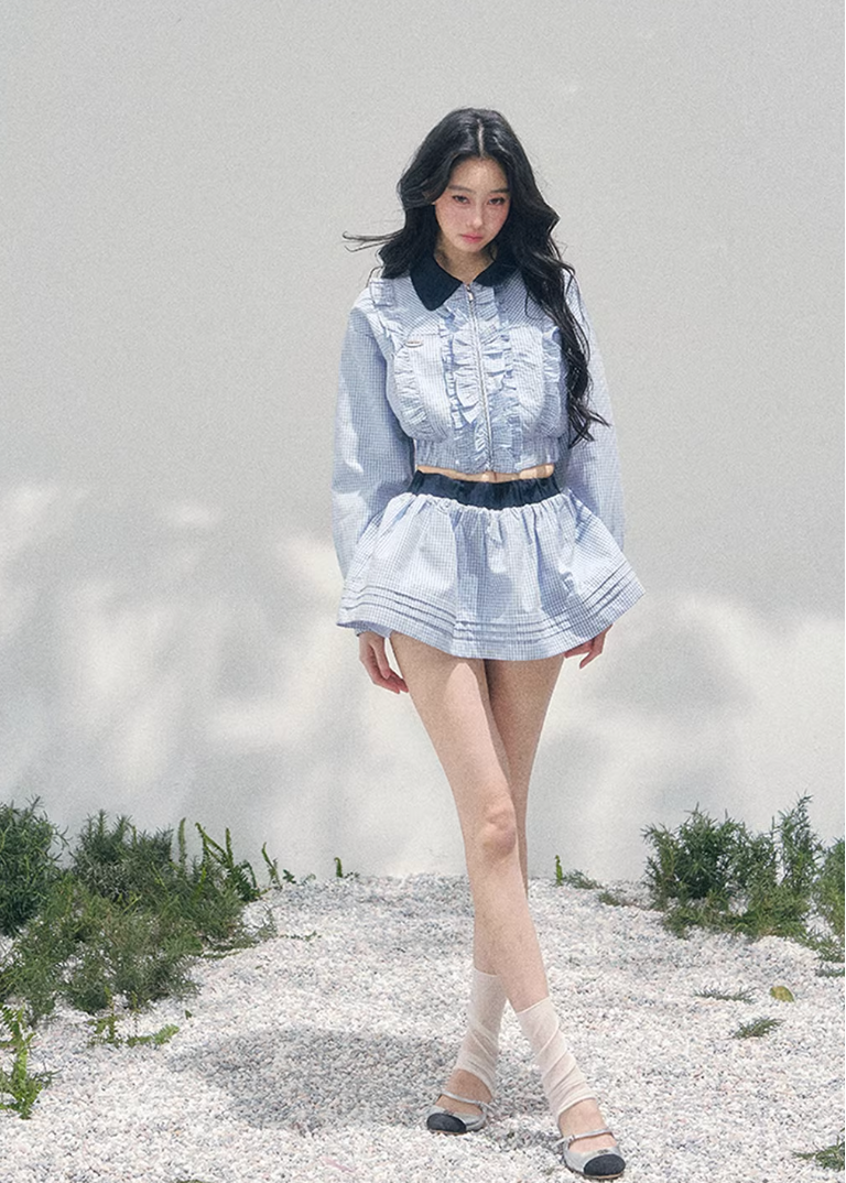 AOMALM collegiate two piece set, French romantic preppy outfit women, feminine ruffle shirt skirt set, Korean elegant spring twinset, quiet luxury romantic outfit, Parisian inspired collegiate fashion, delicate ruffle cropped shirt women, romantic Korean French aesthetic clothing, lightweight spring mini skirt set, refined feminine preppy outfit, soft luxury womenswear twinset, elegant British style two piece, luxury Korean designer inspired outfit