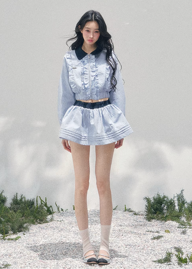 AOMALM collegiate two piece set, French romantic preppy outfit women, feminine ruffle shirt skirt set, Korean elegant spring twinset, quiet luxury romantic outfit, Parisian inspired collegiate fashion, delicate ruffle cropped shirt women, romantic Korean French aesthetic clothing, lightweight spring mini skirt set, refined feminine preppy outfit, soft luxury womenswear twinset, elegant British style two piece, luxury Korean designer inspired outfit