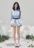 AOMALM collegiate two piece set, French romantic preppy outfit women, feminine ruffle shirt skirt set, Korean elegant spring twinset, quiet luxury romantic outfit, Parisian inspired collegiate fashion, delicate ruffle cropped shirt women, romantic Korean French aesthetic clothing, lightweight spring mini skirt set, refined feminine preppy outfit, soft luxury womenswear twinset, elegant British style two piece, luxury Korean designer inspired outfit