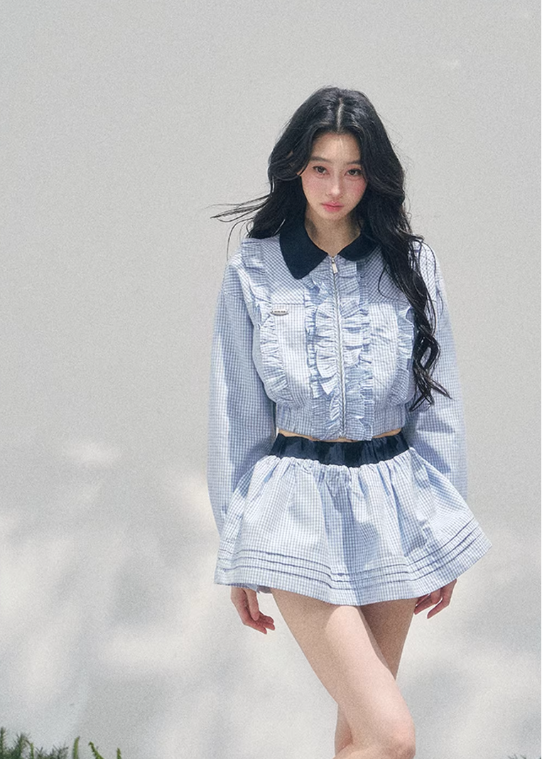 AOMALM collegiate two piece set, French romantic preppy outfit women, feminine ruffle shirt skirt set, Korean elegant spring twinset, quiet luxury romantic outfit, Parisian inspired collegiate fashion, delicate ruffle cropped shirt women, romantic Korean French aesthetic clothing, lightweight spring mini skirt set, refined feminine preppy outfit, soft luxury womenswear twinset, elegant British style two piece, luxury Korean designer inspired outfit