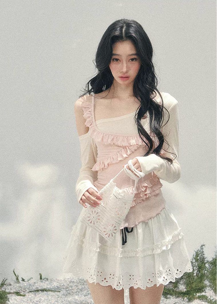 AOMALM layered off shoulder top, French romantic ruffle blouse women, feminine lace spring knitwear, Korean elegant off shoulder knit, quiet luxury romantic outfit, Parisian inspired ruffle knit top, delicate irregular lace blouse, romantic Korean French aesthetic clothing, lightweight spring knit top women, refined luxury womenswear blouse, soft feminine layered fashion, elegant pastel romantic knitwear, luxury Korean designer inspired top