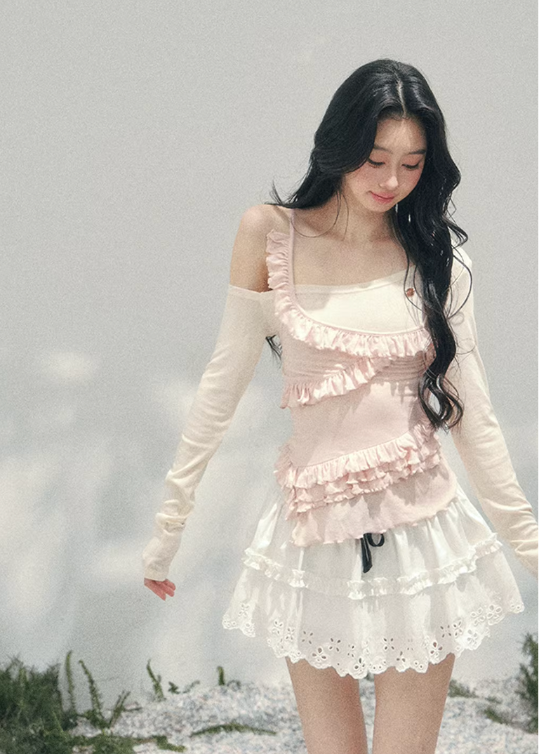 AOMALM layered off shoulder top, French romantic ruffle blouse women, feminine lace spring knitwear, Korean elegant off shoulder knit, quiet luxury romantic outfit, Parisian inspired ruffle knit top, delicate irregular lace blouse, romantic Korean French aesthetic clothing, lightweight spring knit top women, refined luxury womenswear blouse, soft feminine layered fashion, elegant pastel romantic knitwear, luxury Korean designer inspired top