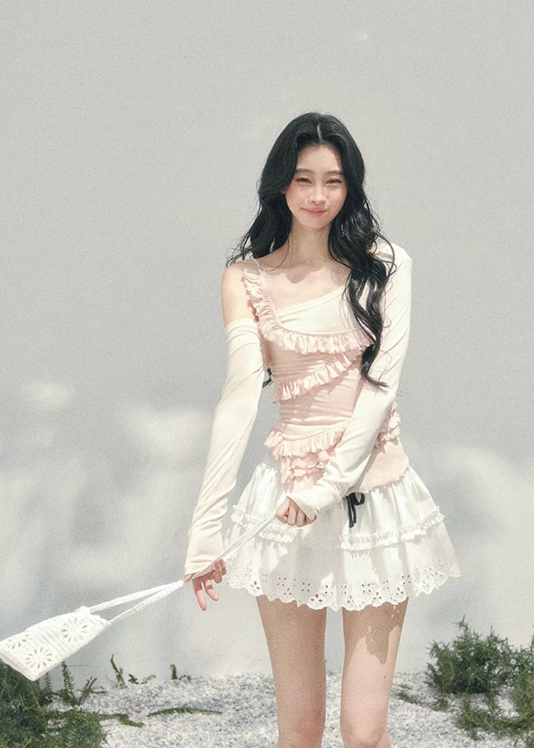 AOMALM layered off shoulder top, French romantic ruffle blouse women, feminine lace spring knitwear, Korean elegant off shoulder knit, quiet luxury romantic outfit, Parisian inspired ruffle knit top, delicate irregular lace blouse, romantic Korean French aesthetic clothing, lightweight spring knit top women, refined luxury womenswear blouse, soft feminine layered fashion, elegant pastel romantic knitwear, luxury Korean designer inspired top