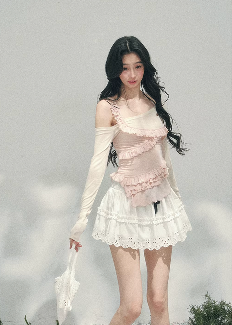 AOMALM layered off shoulder top, French romantic ruffle blouse women, feminine lace spring knitwear, Korean elegant off shoulder knit, quiet luxury romantic outfit, Parisian inspired ruffle knit top, delicate irregular lace blouse, romantic Korean French aesthetic clothing, lightweight spring knit top women, refined luxury womenswear blouse, soft feminine layered fashion, elegant pastel romantic knitwear, luxury Korean designer inspired top