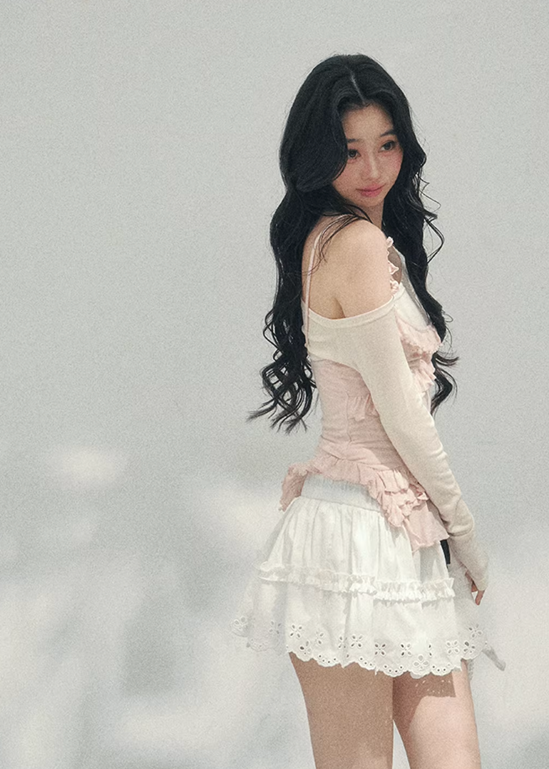 AOMALM layered off shoulder top, French romantic ruffle blouse women, feminine lace spring knitwear, Korean elegant off shoulder knit, quiet luxury romantic outfit, Parisian inspired ruffle knit top, delicate irregular lace blouse, romantic Korean French aesthetic clothing, lightweight spring knit top women, refined luxury womenswear blouse, soft feminine layered fashion, elegant pastel romantic knitwear, luxury Korean designer inspired top