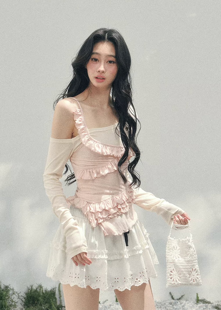 AOMALM layered off shoulder top, French romantic ruffle blouse women, feminine lace spring knitwear, Korean elegant off shoulder knit, quiet luxury romantic outfit, Parisian inspired ruffle knit top, delicate irregular lace blouse, romantic Korean French aesthetic clothing, lightweight spring knit top women, refined luxury womenswear blouse, soft feminine layered fashion, elegant pastel romantic knitwear, luxury Korean designer inspired top