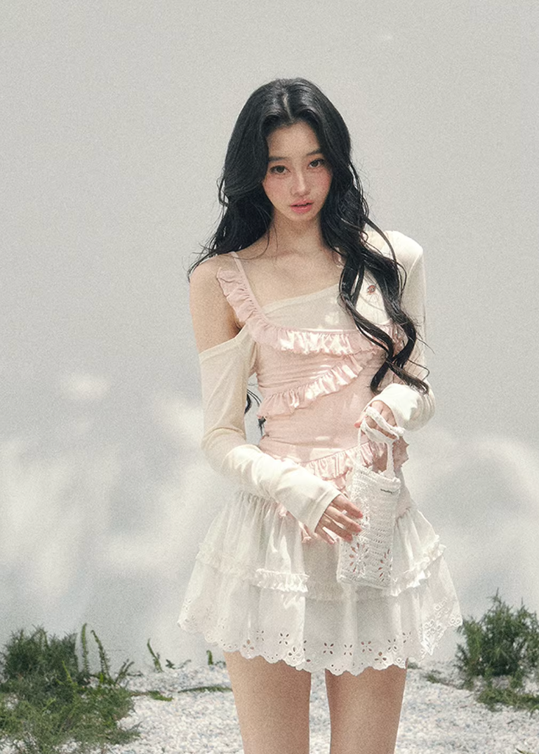 AOMALM layered off shoulder top, French romantic ruffle blouse women, feminine lace spring knitwear, Korean elegant off shoulder knit, quiet luxury romantic outfit, Parisian inspired ruffle knit top, delicate irregular lace blouse, romantic Korean French aesthetic clothing, lightweight spring knit top women, refined luxury womenswear blouse, soft feminine layered fashion, elegant pastel romantic knitwear, luxury Korean designer inspired top