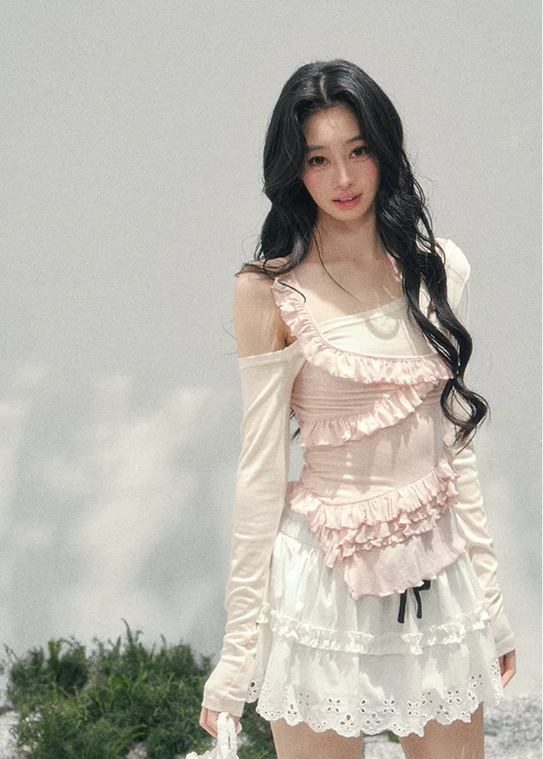 AOMALM layered off shoulder top, French romantic ruffle blouse women, feminine lace spring knitwear, Korean elegant off shoulder knit, quiet luxury romantic outfit, Parisian inspired ruffle knit top, delicate irregular lace blouse, romantic Korean French aesthetic clothing, lightweight spring knit top women, refined luxury womenswear blouse, soft feminine layered fashion, elegant pastel romantic knitwear, luxury Korean designer inspired top
