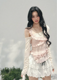 AOMALM layered off shoulder top, French romantic ruffle blouse women, feminine lace spring knitwear, Korean elegant off shoulder knit, quiet luxury romantic outfit, Parisian inspired ruffle knit top, delicate irregular lace blouse, romantic Korean French aesthetic clothing, lightweight spring knit top women, refined luxury womenswear blouse, soft feminine layered fashion, elegant pastel romantic knitwear, luxury Korean designer inspired top