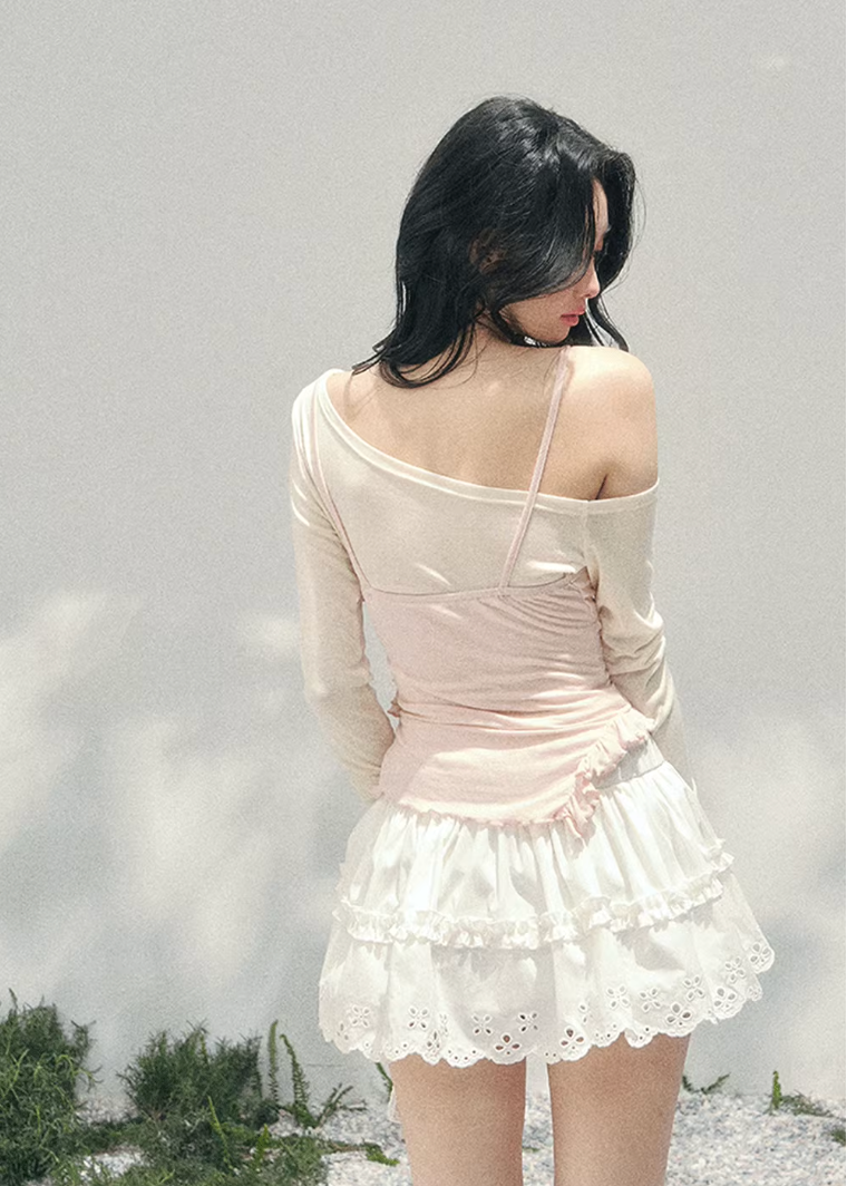 AOMALM layered off shoulder top, French romantic ruffle blouse women, feminine lace spring knitwear, Korean elegant off shoulder knit, quiet luxury romantic outfit, Parisian inspired ruffle knit top, delicate irregular lace blouse, romantic Korean French aesthetic clothing, lightweight spring knit top women, refined luxury womenswear blouse, soft feminine layered fashion, elegant pastel romantic knitwear, luxury Korean designer inspired top