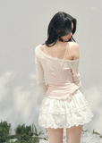 AOMALM layered off shoulder top, French romantic ruffle blouse women, feminine lace spring knitwear, Korean elegant off shoulder knit, quiet luxury romantic outfit, Parisian inspired ruffle knit top, delicate irregular lace blouse, romantic Korean French aesthetic clothing, lightweight spring knit top women, refined luxury womenswear blouse, soft feminine layered fashion, elegant pastel romantic knitwear, luxury Korean designer inspired top