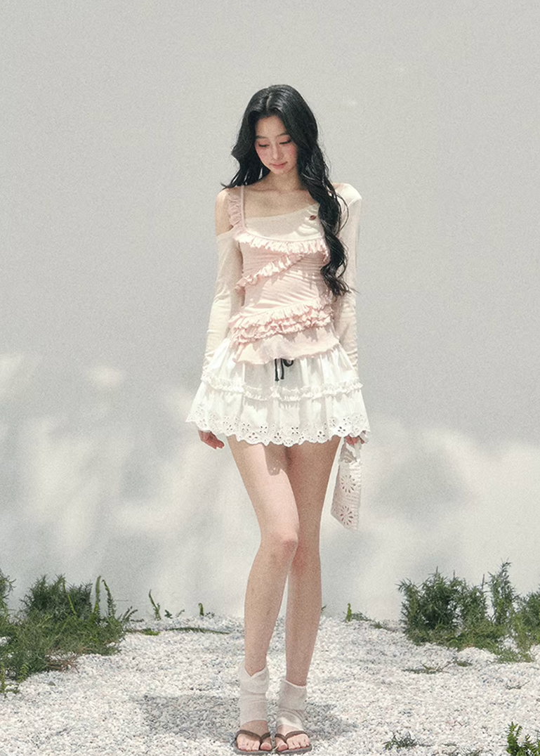 AOMALM layered off shoulder top, French romantic ruffle blouse women, feminine lace spring knitwear, Korean elegant off shoulder knit, quiet luxury romantic outfit, Parisian inspired ruffle knit top, delicate irregular lace blouse, romantic Korean French aesthetic clothing, lightweight spring knit top women, refined luxury womenswear blouse, soft feminine layered fashion, elegant pastel romantic knitwear, luxury Korean designer inspired top