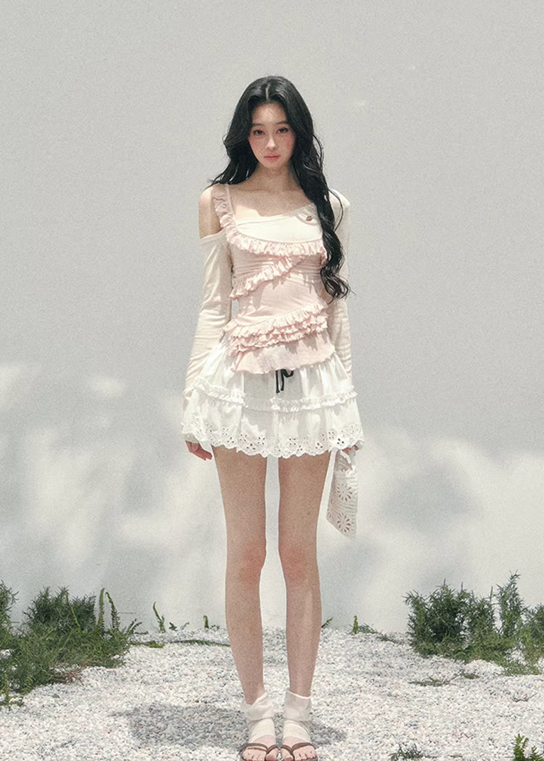 AOMALM layered off shoulder top, French romantic ruffle blouse women, feminine lace spring knitwear, Korean elegant off shoulder knit, quiet luxury romantic outfit, Parisian inspired ruffle knit top, delicate irregular lace blouse, romantic Korean French aesthetic clothing, lightweight spring knit top women, refined luxury womenswear blouse, soft feminine layered fashion, elegant pastel romantic knitwear, luxury Korean designer inspired top