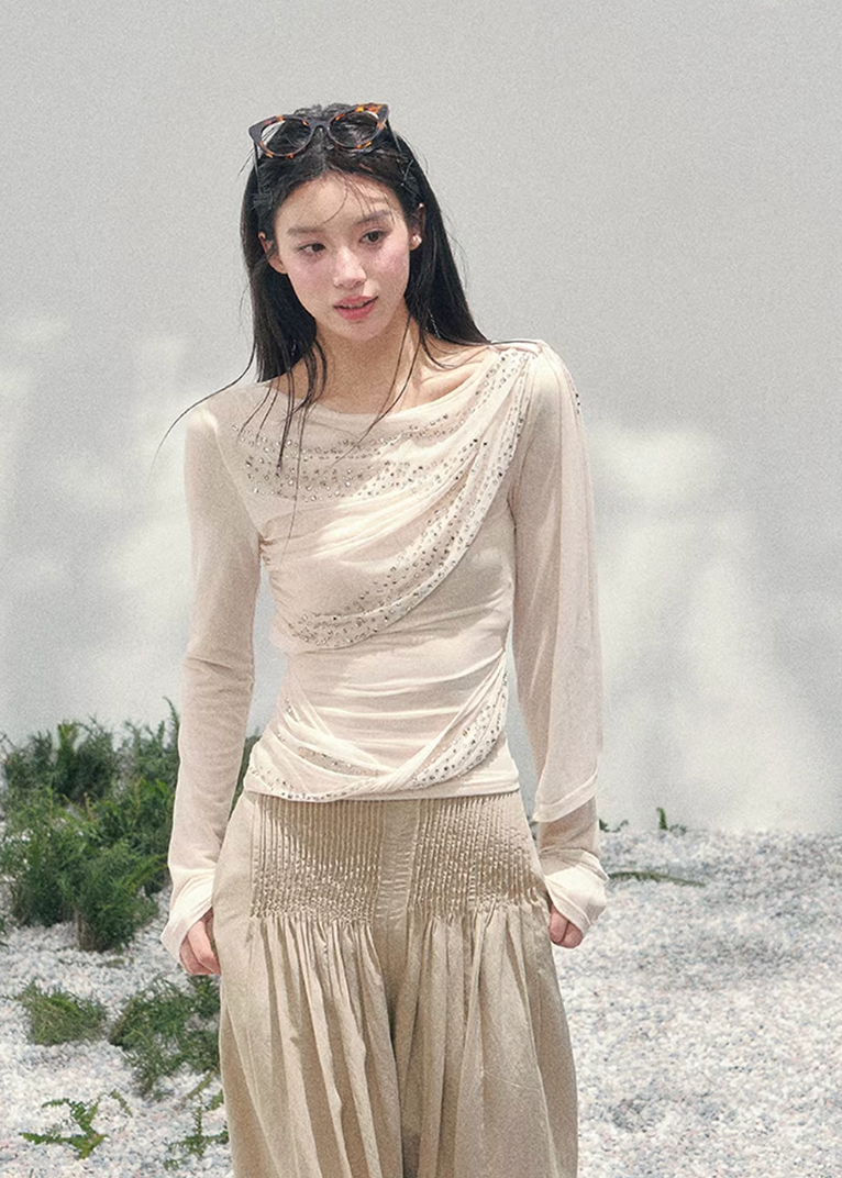 AOMALM sheer glitter knit top women, French romantic draped blouse, feminine translucent spring knitwear, Korean elegant slim fit top, quiet luxury romantic outfit, Parisian inspired shimmer knit top, delicate crystal detail blouse, romantic Korean French aesthetic clothing, lightweight spring sheer top women, refined luxury womenswear knit, soft feminine waist slimming blouse, elegant sparkling knit top women, luxury Korean designer inspired clothing