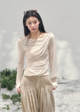 AOMALM sheer glitter knit top women, French romantic draped blouse, feminine translucent spring knitwear, Korean elegant slim fit top, quiet luxury romantic outfit, Parisian inspired shimmer knit top, delicate crystal detail blouse, romantic Korean French aesthetic clothing, lightweight spring sheer top women, refined luxury womenswear knit, soft feminine waist slimming blouse, elegant sparkling knit top women, luxury Korean designer inspired clothing