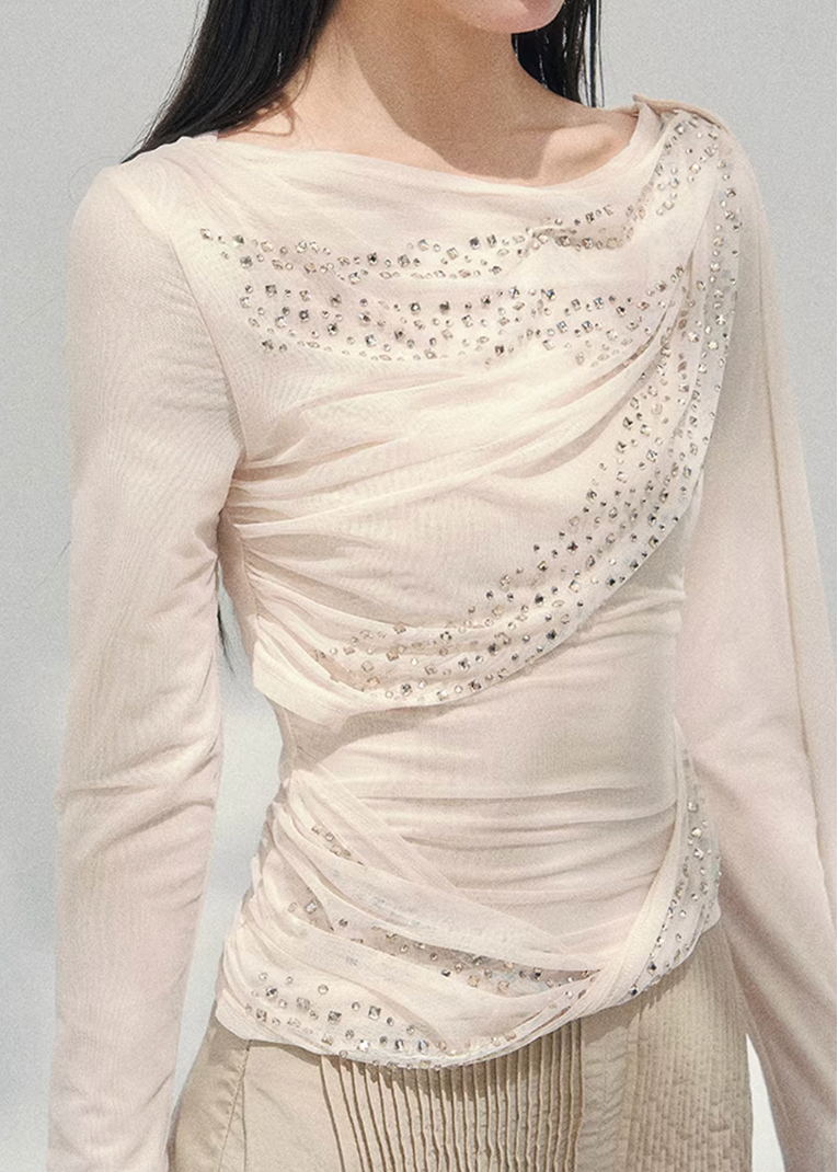 AOMALM sheer glitter knit top women, French romantic draped blouse, feminine translucent spring knitwear, Korean elegant slim fit top, quiet luxury romantic outfit, Parisian inspired shimmer knit top, delicate crystal detail blouse, romantic Korean French aesthetic clothing, lightweight spring sheer top women, refined luxury womenswear knit, soft feminine waist slimming blouse, elegant sparkling knit top women, luxury Korean designer inspired clothing