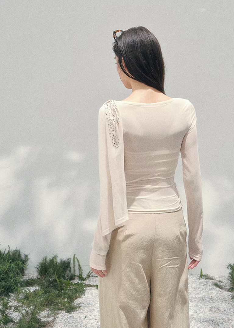 AOMALM sheer glitter knit top women, French romantic draped blouse, feminine translucent spring knitwear, Korean elegant slim fit top, quiet luxury romantic outfit, Parisian inspired shimmer knit top, delicate crystal detail blouse, romantic Korean French aesthetic clothing, lightweight spring sheer top women, refined luxury womenswear knit, soft feminine waist slimming blouse, elegant sparkling knit top women, luxury Korean designer inspired clothing