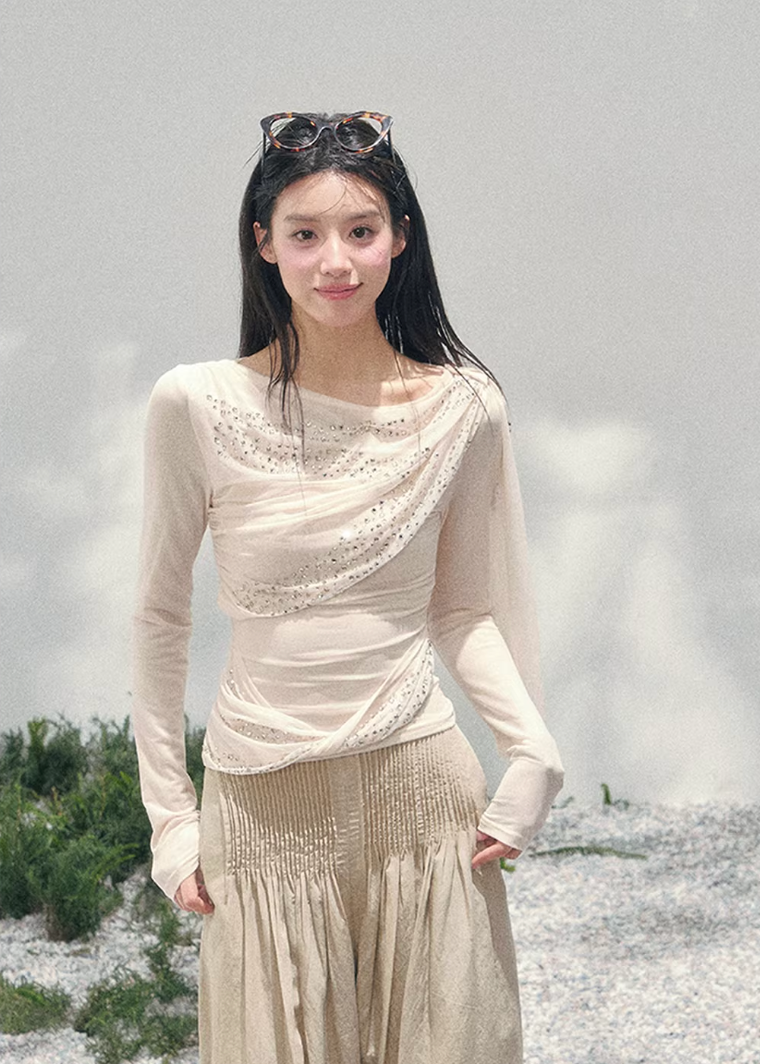 AOMALM sheer glitter knit top women, French romantic draped blouse, feminine translucent spring knitwear, Korean elegant slim fit top, quiet luxury romantic outfit, Parisian inspired shimmer knit top, delicate crystal detail blouse, romantic Korean French aesthetic clothing, lightweight spring sheer top women, refined luxury womenswear knit, soft feminine waist slimming blouse, elegant sparkling knit top women, luxury Korean designer inspired clothing