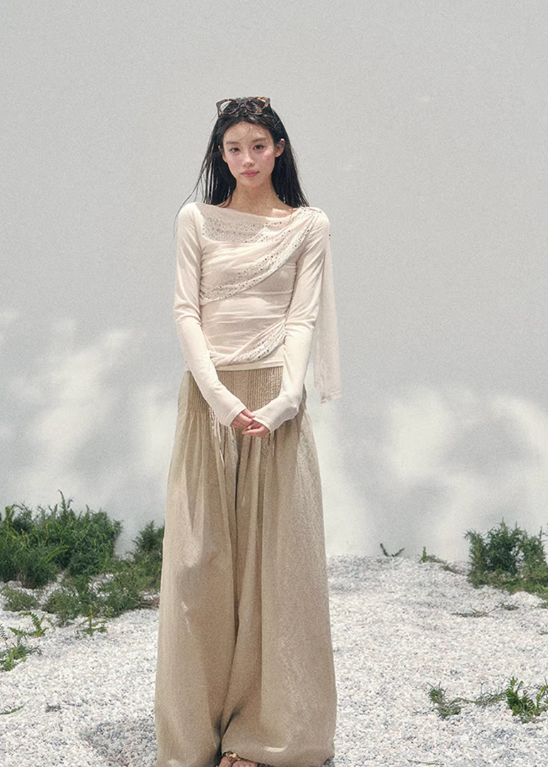 AOMALM sheer glitter knit top women, French romantic draped blouse, feminine translucent spring knitwear, Korean elegant slim fit top, quiet luxury romantic outfit, Parisian inspired shimmer knit top, delicate crystal detail blouse, romantic Korean French aesthetic clothing, lightweight spring sheer top women, refined luxury womenswear knit, soft feminine waist slimming blouse, elegant sparkling knit top women, luxury Korean designer inspired clothing