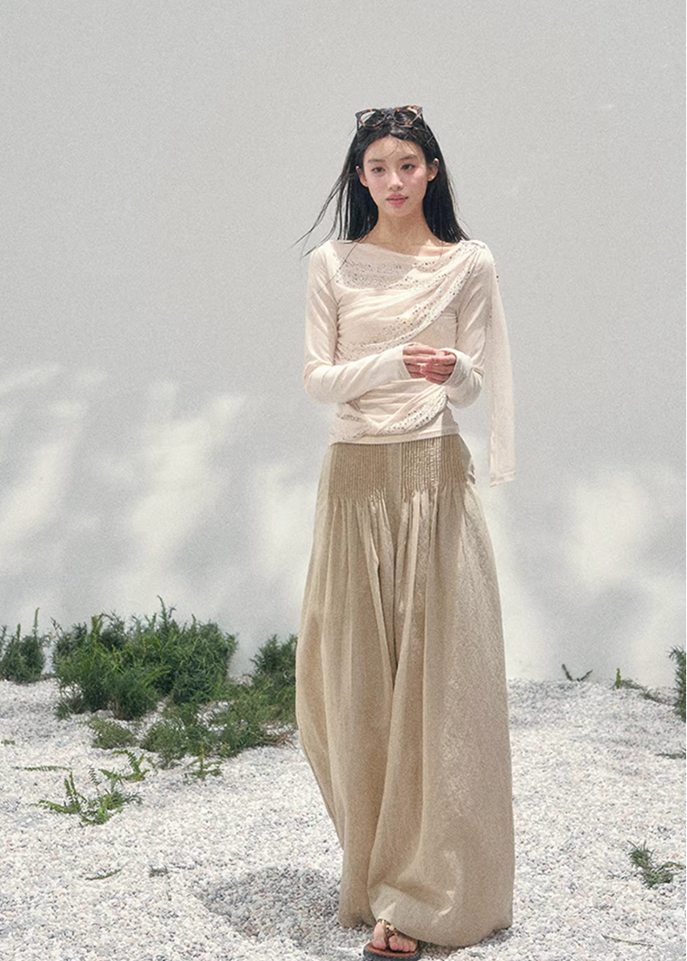 AOMALM sheer glitter knit top women, French romantic draped blouse, feminine translucent spring knitwear, Korean elegant slim fit top, quiet luxury romantic outfit, Parisian inspired shimmer knit top, delicate crystal detail blouse, romantic Korean French aesthetic clothing, lightweight spring sheer top women, refined luxury womenswear knit, soft feminine waist slimming blouse, elegant sparkling knit top women, luxury Korean designer inspired clothing