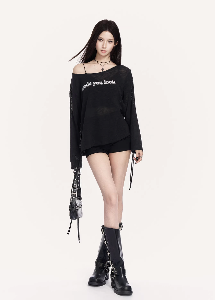 VOCK sheer streetwear top, urban minimal mesh long sleeve, off shoulder graphic tee women, Korean street fashion sheer top, minimalist power dressing womenswear, layered mesh streetwear top, cold urban aesthetic clothing, lightweight sunscreen cover top women, edgy off shoulder street top, modern Seoul street style womenswear, sleek graphic letter print shirt, urban fashion layering piece, VOCK minimal silhouette top, structured streetwear long sleeve