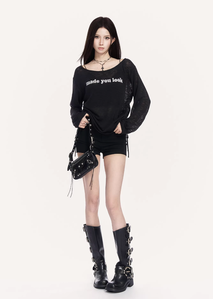 VOCK sheer streetwear top, urban minimal mesh long sleeve, off shoulder graphic tee women, Korean street fashion sheer top, minimalist power dressing womenswear, layered mesh streetwear top, cold urban aesthetic clothing, lightweight sunscreen cover top women, edgy off shoulder street top, modern Seoul street style womenswear, sleek graphic letter print shirt, urban fashion layering piece, VOCK minimal silhouette top, structured streetwear long sleeve