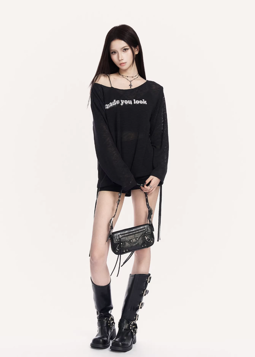 VOCK sheer streetwear top, urban minimal mesh long sleeve, off shoulder graphic tee women, Korean street fashion sheer top, minimalist power dressing womenswear, layered mesh streetwear top, cold urban aesthetic clothing, lightweight sunscreen cover top women, edgy off shoulder street top, modern Seoul street style womenswear, sleek graphic letter print shirt, urban fashion layering piece, VOCK minimal silhouette top, structured streetwear long sleeve
