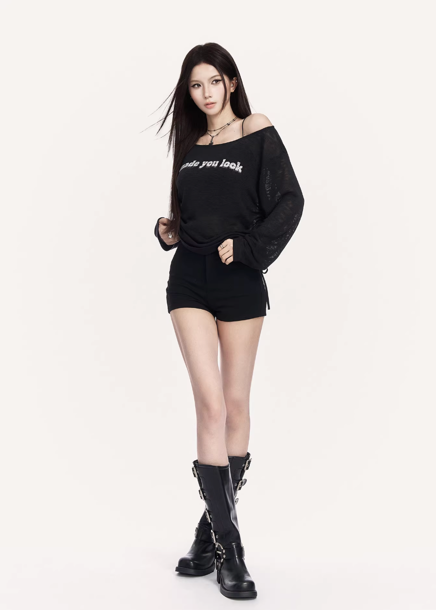 VOCK sheer streetwear top, urban minimal mesh long sleeve, off shoulder graphic tee women, Korean street fashion sheer top, minimalist power dressing womenswear, layered mesh streetwear top, cold urban aesthetic clothing, lightweight sunscreen cover top women, edgy off shoulder street top, modern Seoul street style womenswear, sleek graphic letter print shirt, urban fashion layering piece, VOCK minimal silhouette top, structured streetwear long sleeve